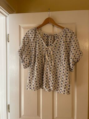 LOFT Cream Blouse with Blue Diamond Print and Tie Front